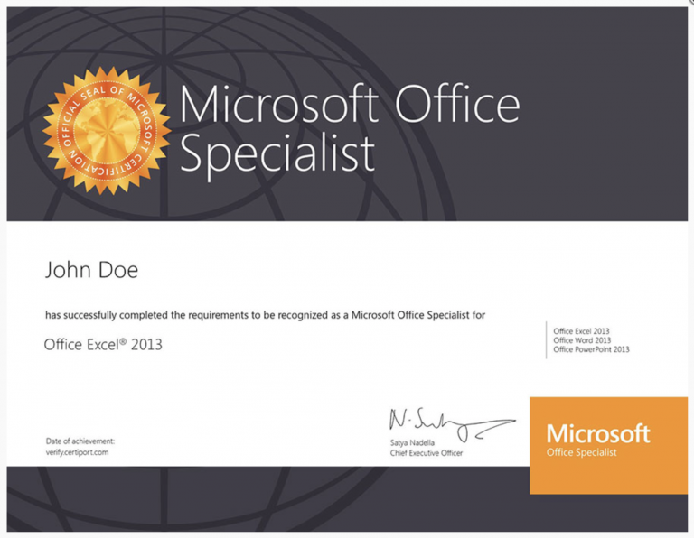Sample Certificate | Mouse Training London Ltd MOS Excel 2016 Core