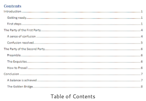 table of contents