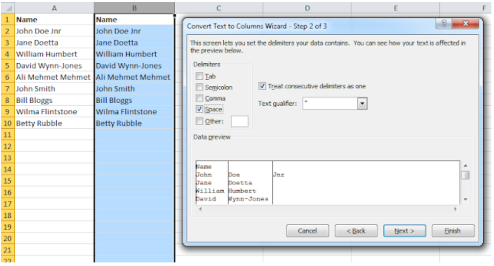 text to columns step2